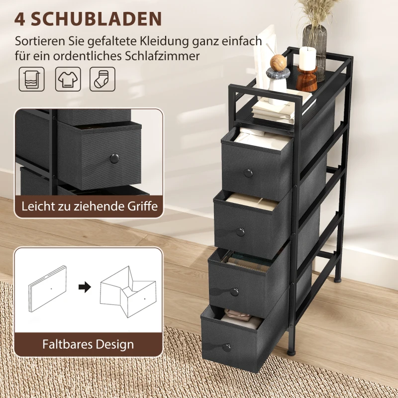 HOMCOM Kommode Schrank mit 4 Schubladen aus Vliesstoff Aufbewahrungsschrank mit Stahlrahmen, 20cm x 43cm x 81,5cm, Schwarz