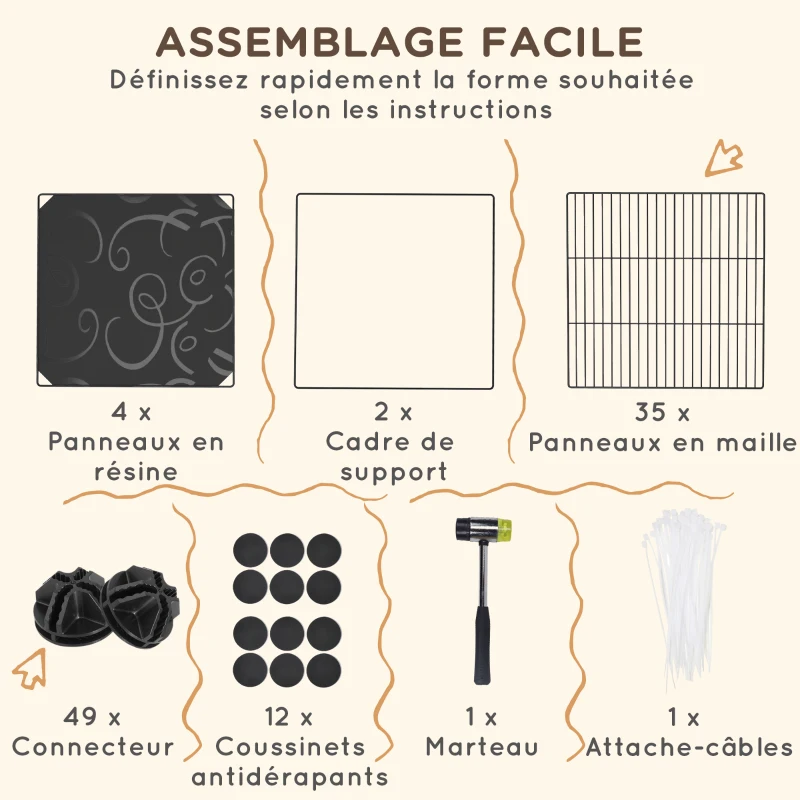 PawHut Enclos pour petits animaux, cage à lapin modulable 2 niveaux, 39 panneaux avec rampe, en acier, 140 x 70 x 105 cm, noir