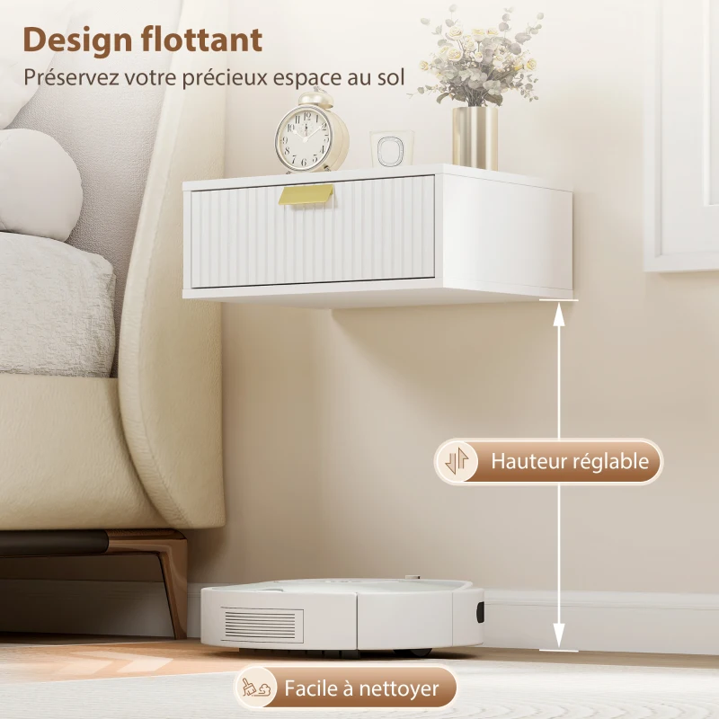 HOMCOM Lot de 2 tables de chevet murales, tables de nuit suspendues avec tiroir ondulé, 40 x 30 x 15 cm, blanc