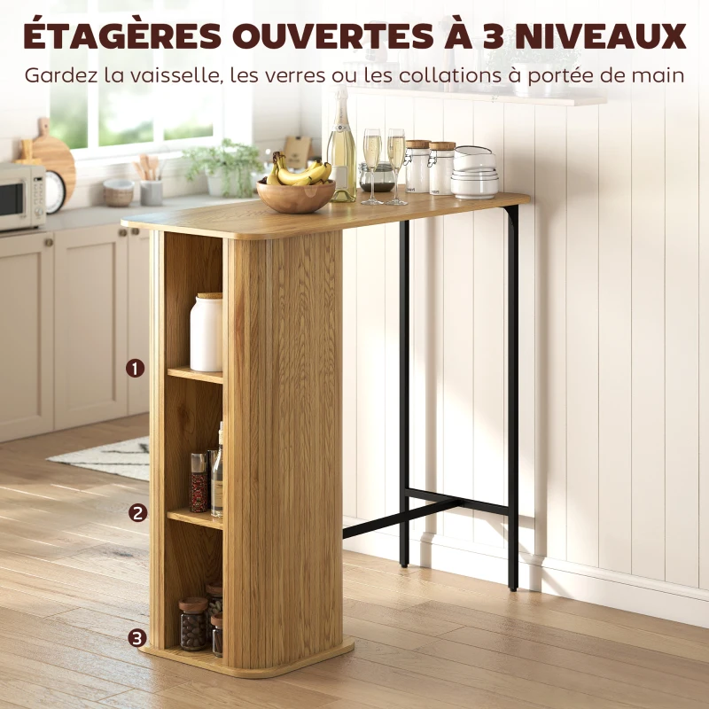 HOMCOM Table Haute Mange Debout, Table de Bar avec 3 Étagères de Rangement et Pieds en Métal, 112x50x106cm, Bois Naturel