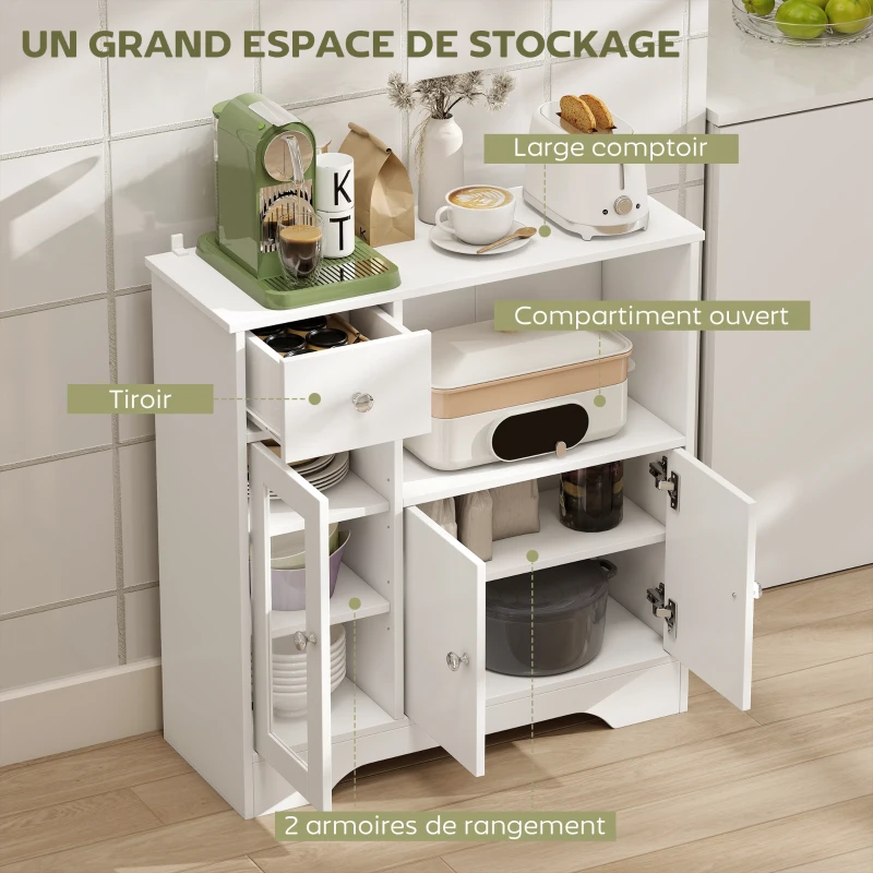 HOMCOM Buffet de cuisine moderne avec porte en verre, tiroir, grande niche et étagères réglables 80 x 30 x 82 cm blanc