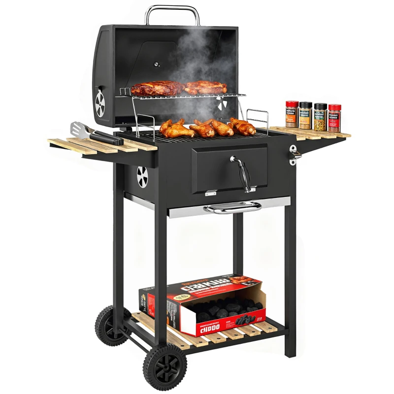 Outsunny Barbecue charbon de bois réglable en hauteur avec grille, couvercle, thermomètre, étagères, roues et décapsuleur, noir