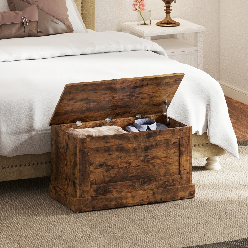 HOMCOM Coffre de rangement, coffre à jouets, avec charnière de sécurité, pour salon, en bois, 80 x 40 x 45 cm, brun rustique