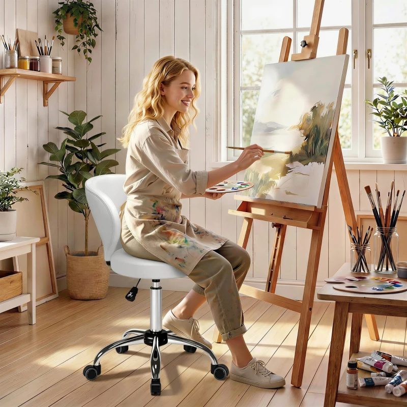 HOMCOM Tabouret à roulettes, tabouret de massage en PU avec hauteur réglable 73-88 cm et dossier, pivotant 360°, blanc