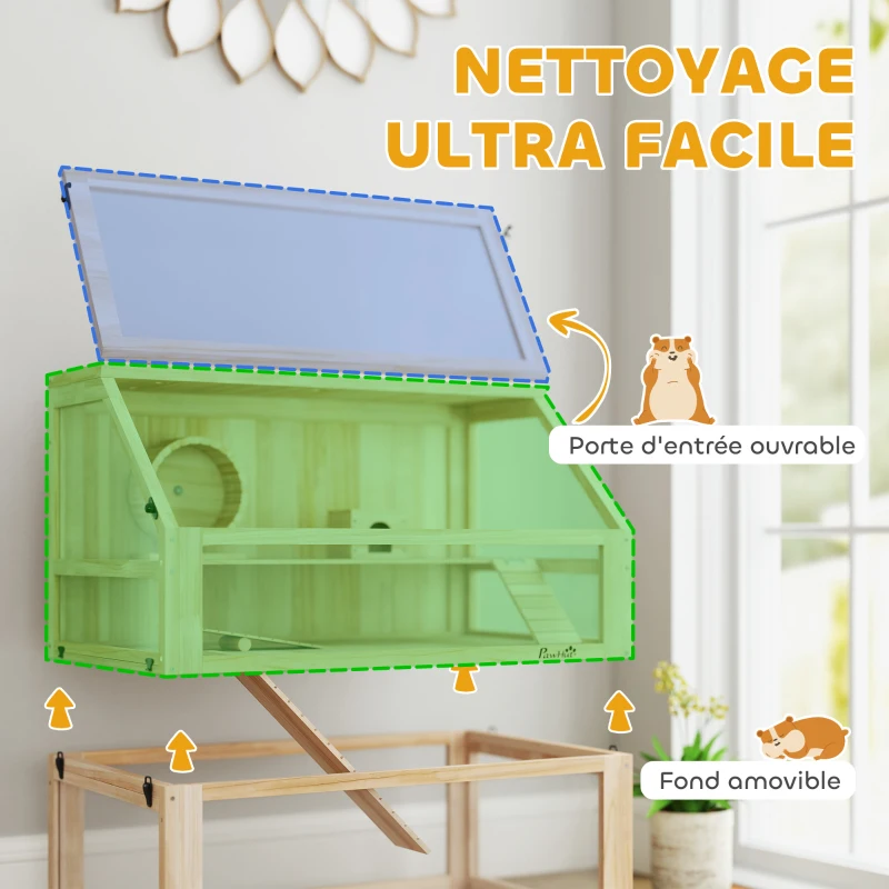 PawHut Cage hamster rongeur à 3 niveaux fond amovible de 31 cm de profondeur cabane balançoire 80x50x76cm finition bois naturel