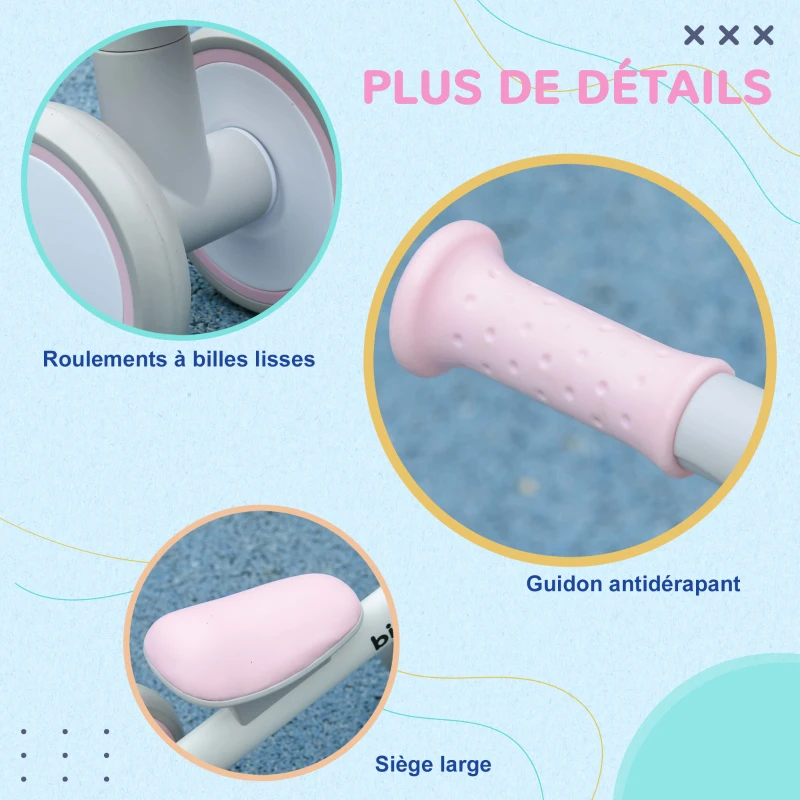 AIYAPLAY Draisienne vélo Enfant 4 roues selle réglable, guidon ergonomique alliage alu. PP, enfant 1 à 3 ans - Gris Blanc Rose