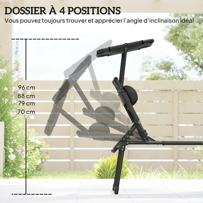 Outsunny Bain de soleil chaise longue pliante avec pare-soleil, appuie-tête inclinable en tissu Oxford 70 x 200 x 45 cm, noir