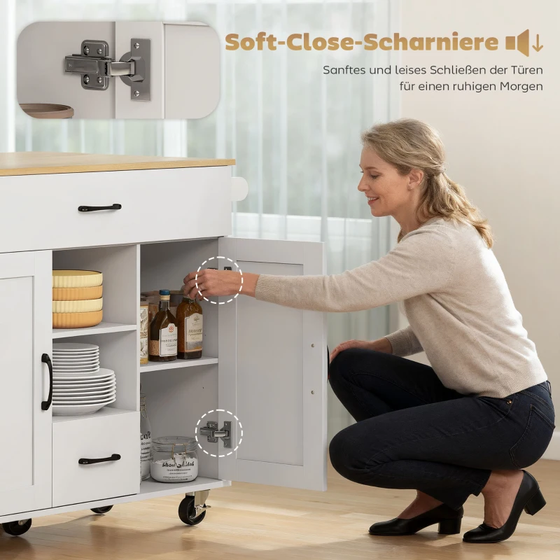 HOMCOM Rollbare Kücheninsel, ausklappbare Arbeitsfläche, Soft-Close-Schranktüren, Schubladen, Handtuchhalter, MDF, Weiß