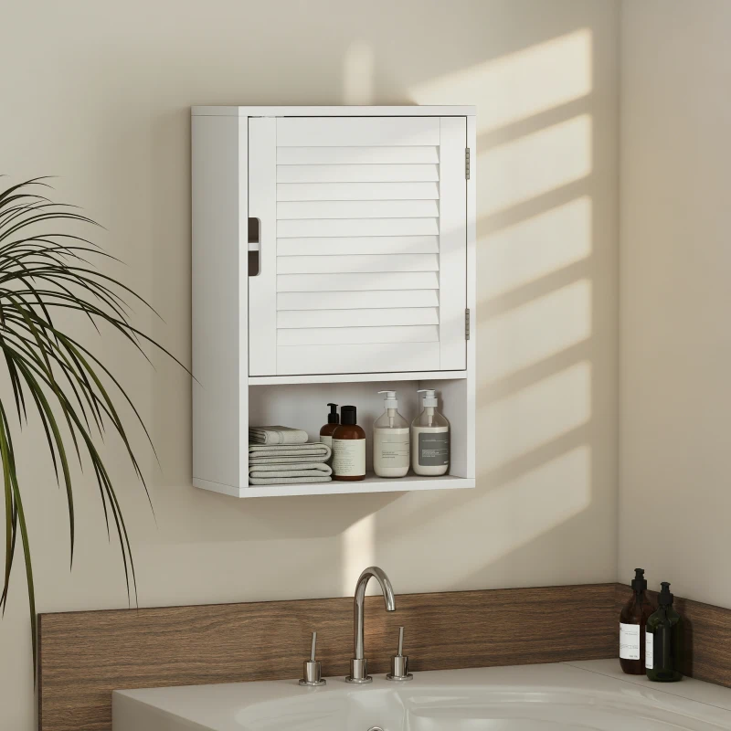 HOMCOM Armoire murale de salle de bain avec porte à lattes, étagère réglable et compartiment ouvert, 40x20x60cm, blanc