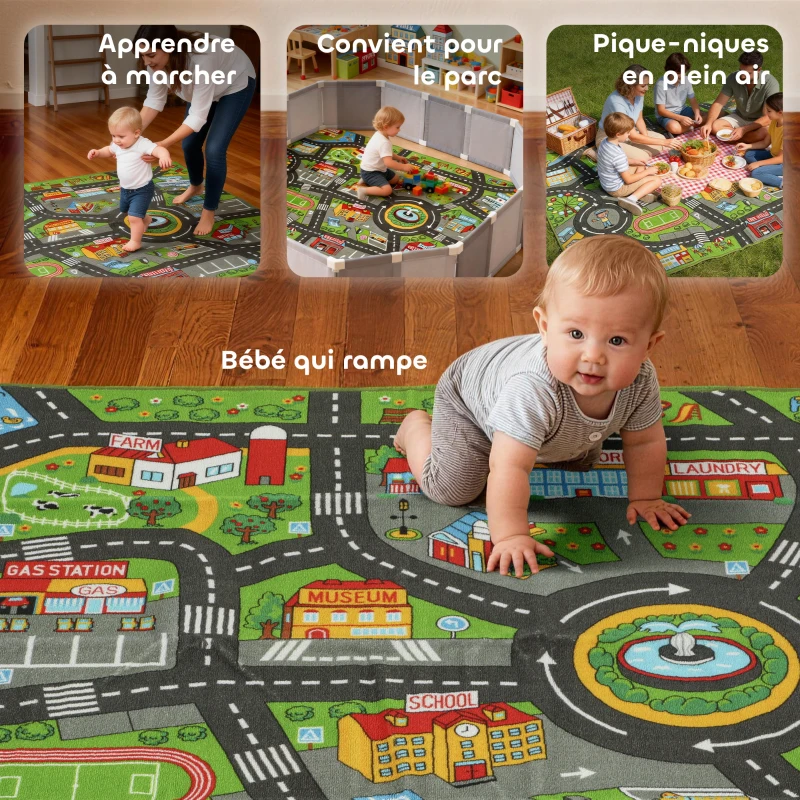 AIYAPLAY Tapis de jeu pour bébé, tapis de sol antidérapant, motif de route de la ville, 200 x 150 cm, multicolore