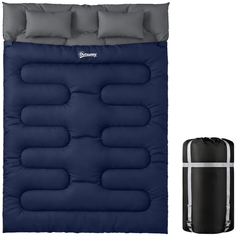 Outsunny Sac de couchage double pour adultes taille Queen pour 2 personnes avec 2 oreillers et sac de transport Bleu foncé