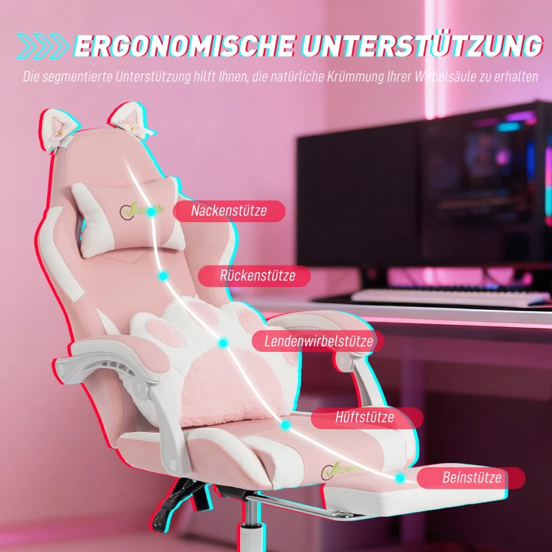 Vinsetto Ergonomischer Gaming-Stuhl, Katzenohren-Gamer-Stuhl aus Kunstleder mit Lendenstütze, Fußstütze, Kopfstütze, Rosa