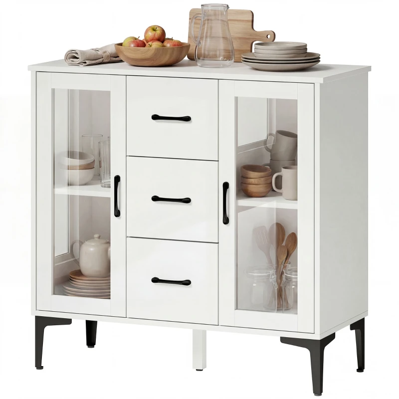HOMCOM Modernes Sideboard mit Soft-Close-Türen, Buffetschrank mit 3 Schubladen, 2 Glastüren, verstellbare Regale, MDF, Weiß