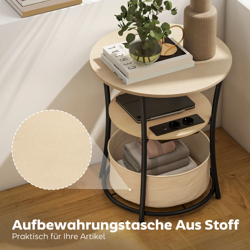 HOMCOM Beistelltisch 3-stufiger Couchtisch mit Ladestation, Stoff-Aufbewahrungstasche, Ablage, 50x50x55,1 cm Naturholz