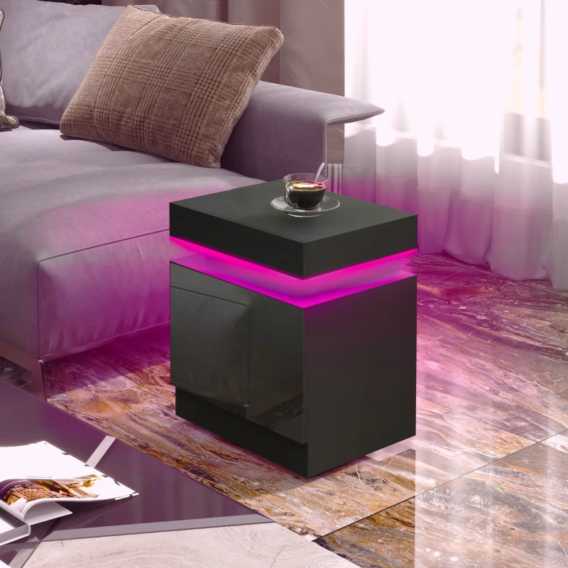 HOMCOM Table de chevet table de nuit lumière LED RVB panneau haute brillance avec 2 tiroirs pour salon chambre à coucher noir