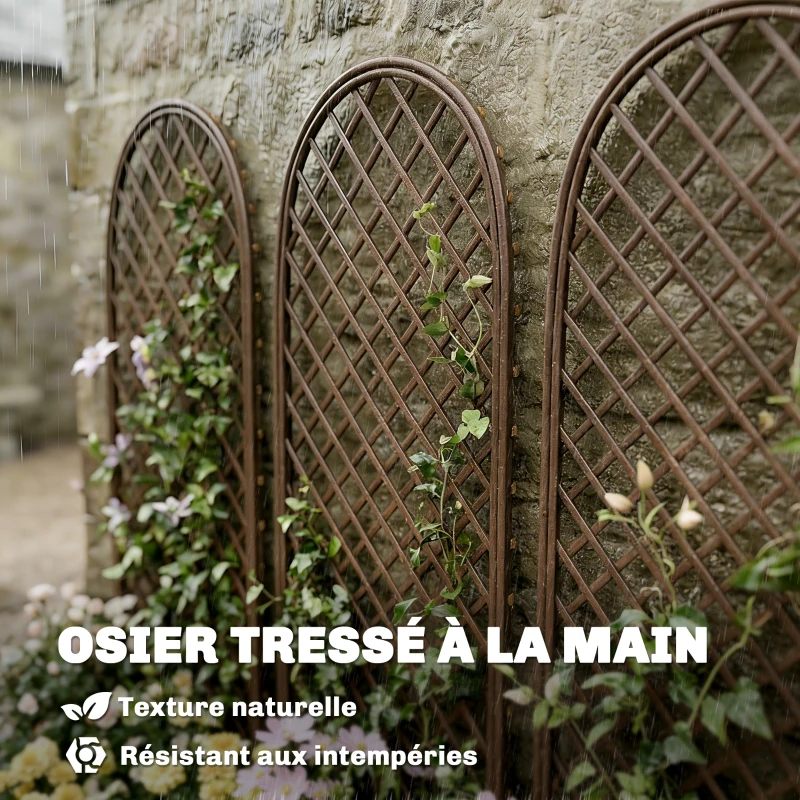 Outsunny Lot de 3 Treillis de jardin en osier tissé Panneau Arc pour Plantes grimpantes 43 x 2 x 112 cm, effet bois naturel