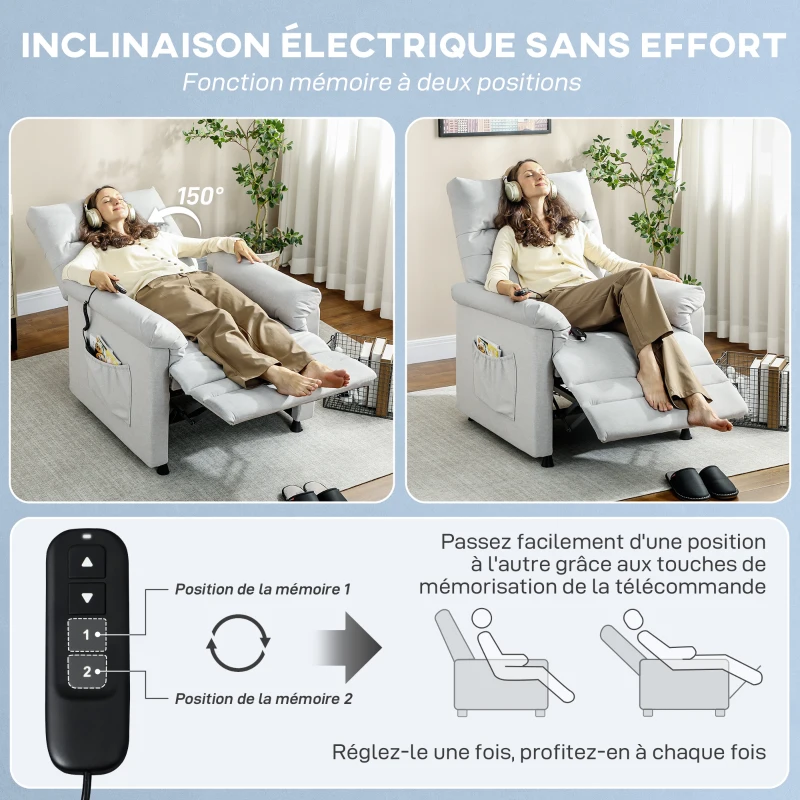 HOMCOM Fauteuil relax électrique massant et chauffant, fauteuil inclinable, repose-pieds, moteur silencieux, 82x99x106cm, gris