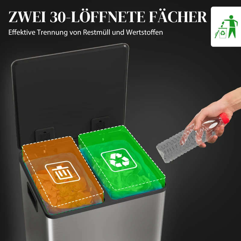 HOMCOM Mülleimer mit 2x30L Fächern, Soft-Close-Deckel, Fingerabdrucksicher, Edelstahl, Silber