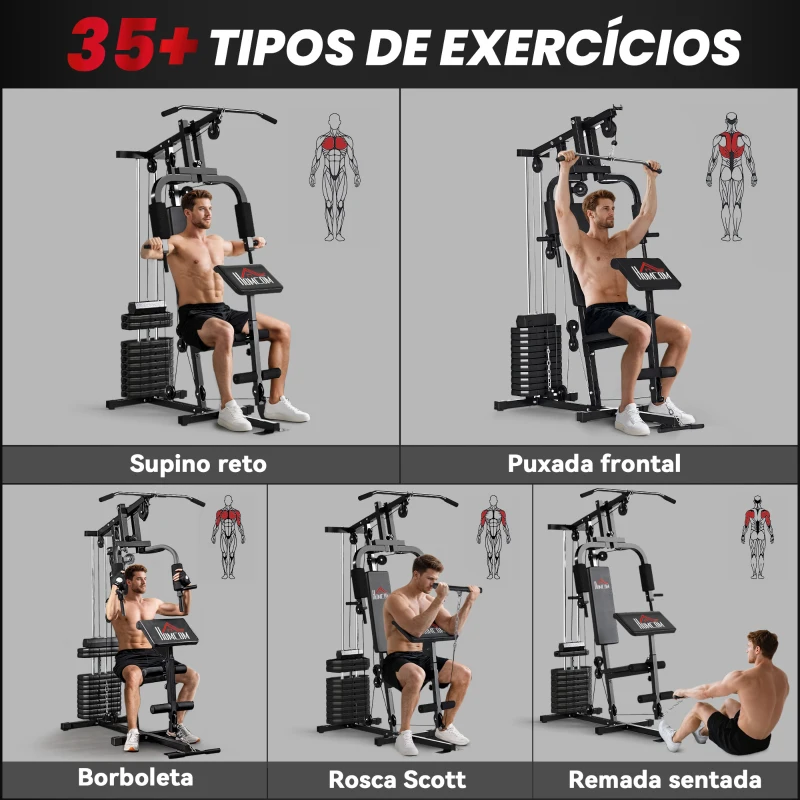 HOMCOM Máquina de Musculação com Pesos Ajustáveis de 65 kg Press de Peito e Pernas, Polia 135x103x210 cm Preto