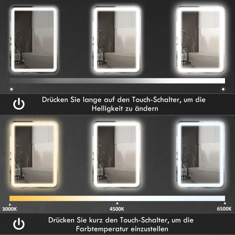 HOMCOM Badezimmerspiegel, beleuchtet, Touch-Steuerung, beschlagfrei, dimmbar, 3 Lichtfarben, 60 x 80, Silber