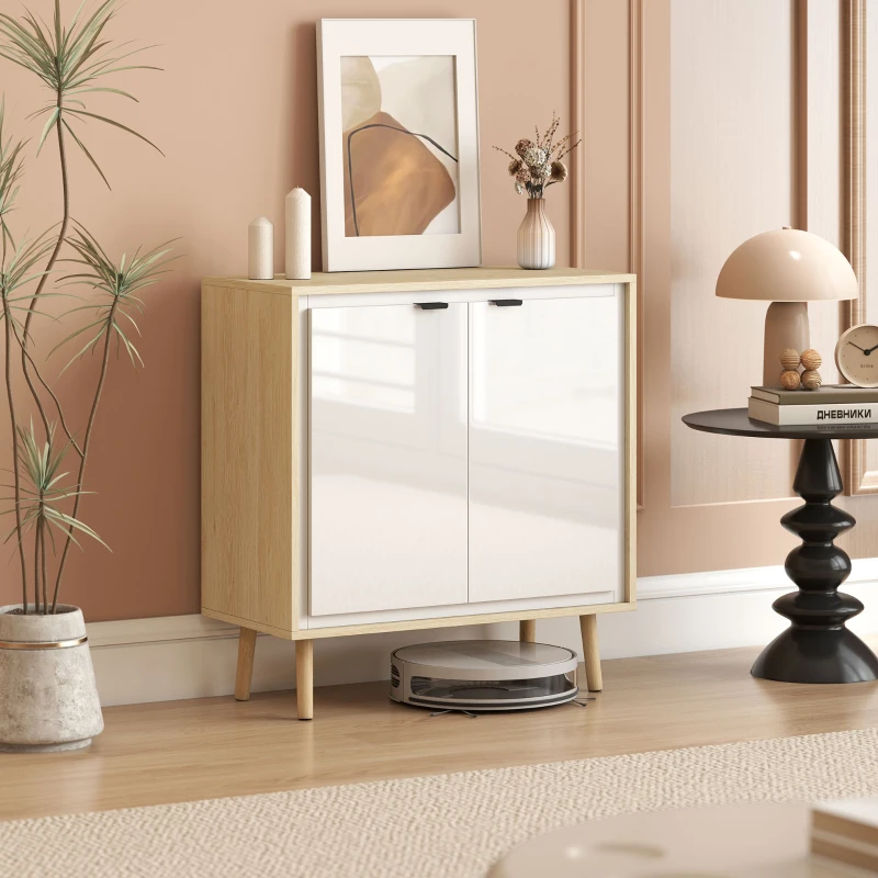 HOMCOM Buffet à haute brillance, meuble de rangement avec double porte, étagère réglable, 72 x 35 x 77 cm, blanc et chêne