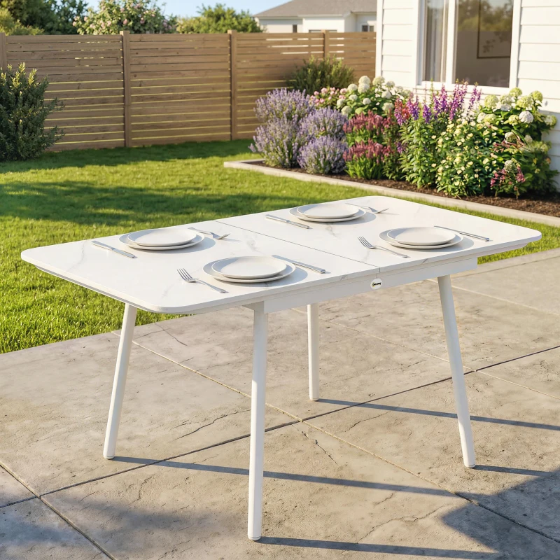 Outsunny Table de Jardin Rectangulaire pour 4-6 Personnes, Plateau en WPC et Cadre en Métal, Pieds Réglables, 140x80x75cm, Blanc