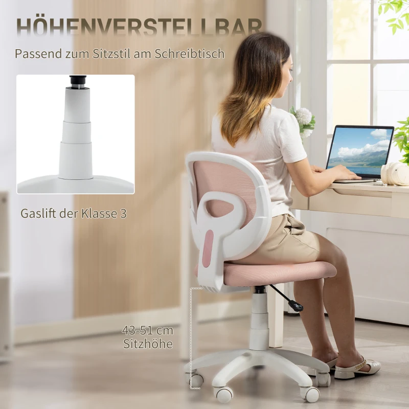 HOMCOM Bürostuhl Ergonomischer Schreibtischstuhl mit C-förmiger Rückenstütze, Höhenverstellbar Rosa