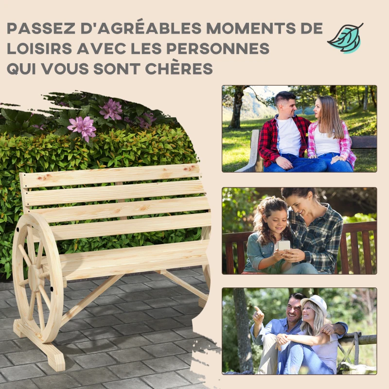 Outsunny Banc de Jardin banc 3 places en bois Style Rustique Chic accoudoirs Roues Charette Bois Sapin effet bois naturel