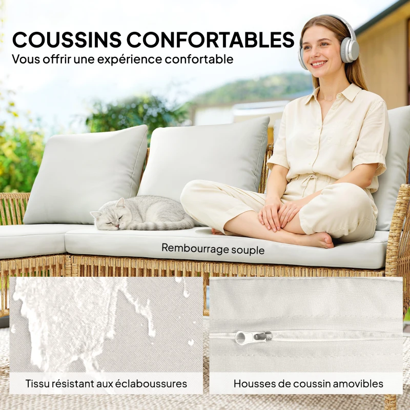 Outsunny Salon de jardin extérieur d'angle 4 places en résine tressée, canapé 2 places, chaise longue, table basse, crème