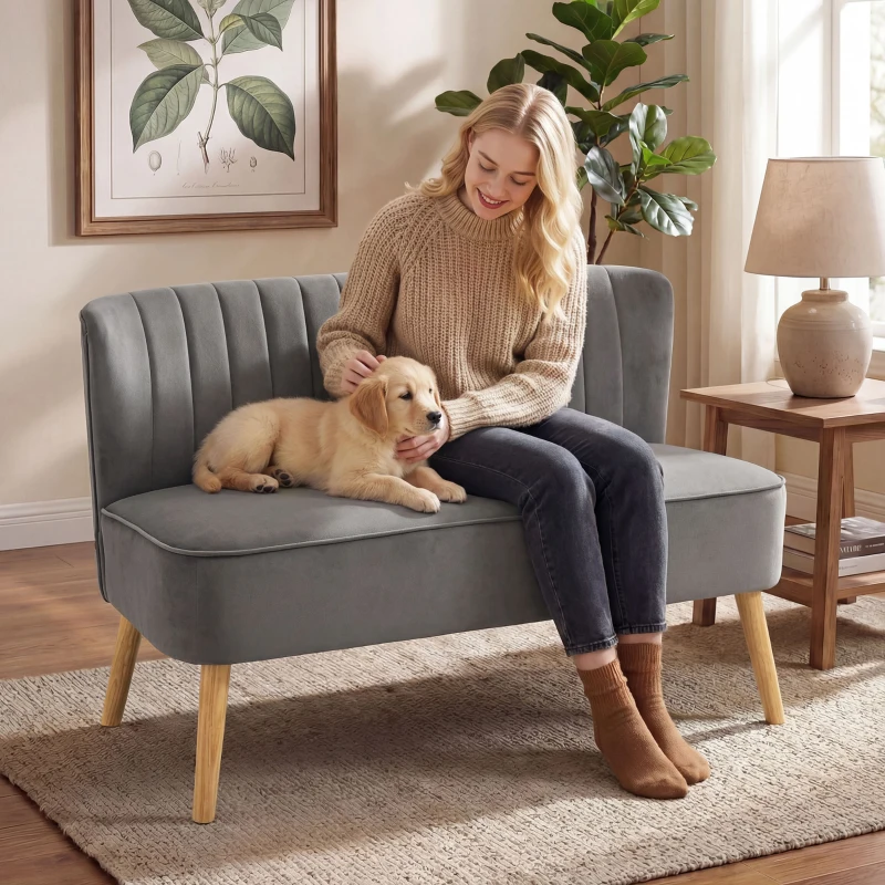 HOMCOM Sofa Retrodesign 2-Sitzer-Sofa, Holzbeine, 117 cm x 56,5 cm x 77 cm, Dunkelgrau