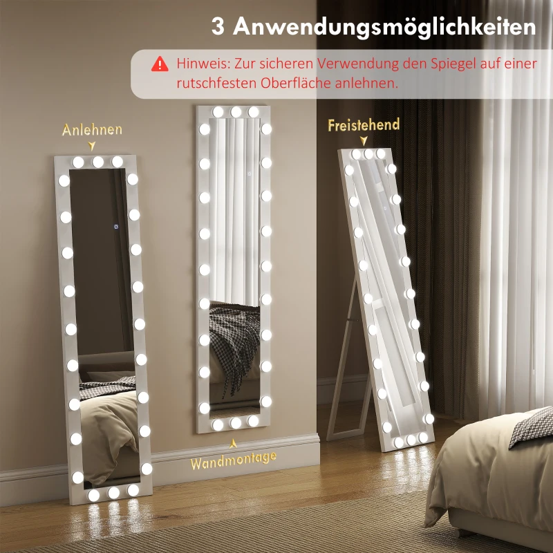HOMCOM Ganzkörperspiegel 150x40 cm LED Spiegel mit 24 Glühbirnen 3 Lichtfarbe, freistehend oder anlehnbar Weiß