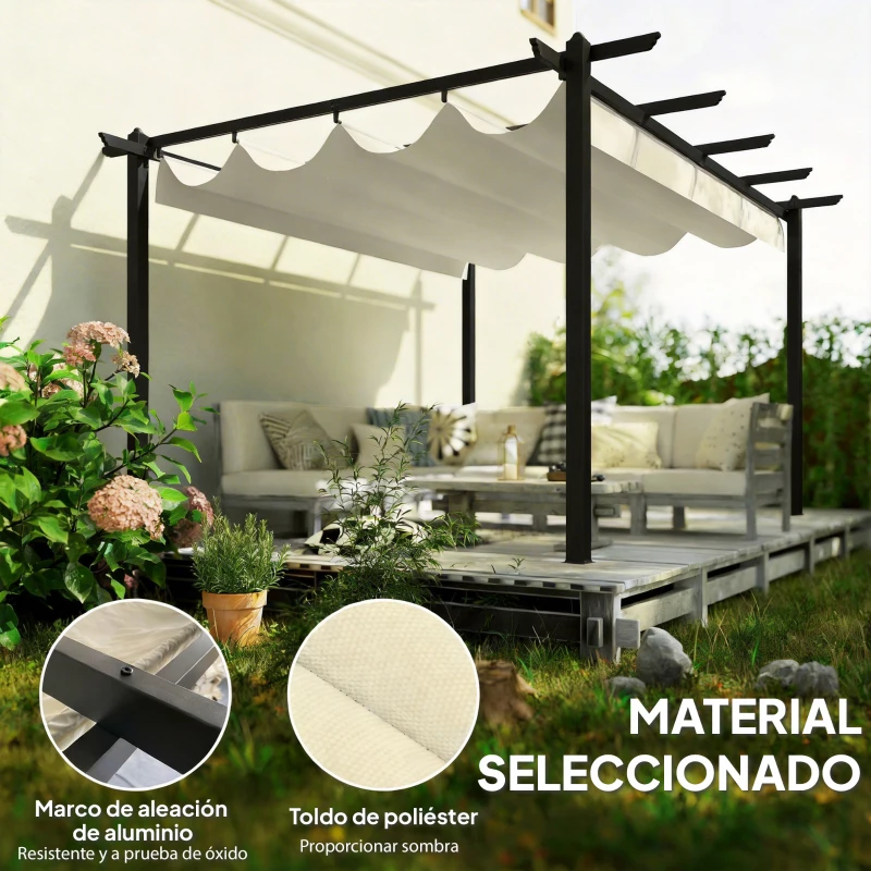 Outsunny Pérgola de Jardín 4x3 m con Techo Retráctil Estructura de Aluminio UPF30+ Orificios de Drenaje Pabellón Exterior Crema