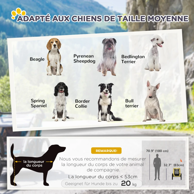 PawHut Remorque de vélo pour chien avec fenêtres en maille réflecteurs et drapeau de sécurité 140 x 71 x 83 cm jaune