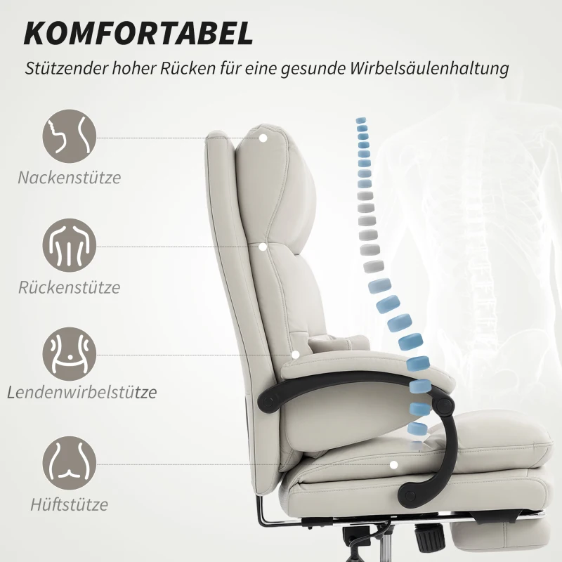 HOMCOM Bürostuhl Höhenverstellbarer Schreibtischstuhl mit Lendenwirbelstütze, Armlehne, Fußstütze, aus Kunstleder, Hellgrau