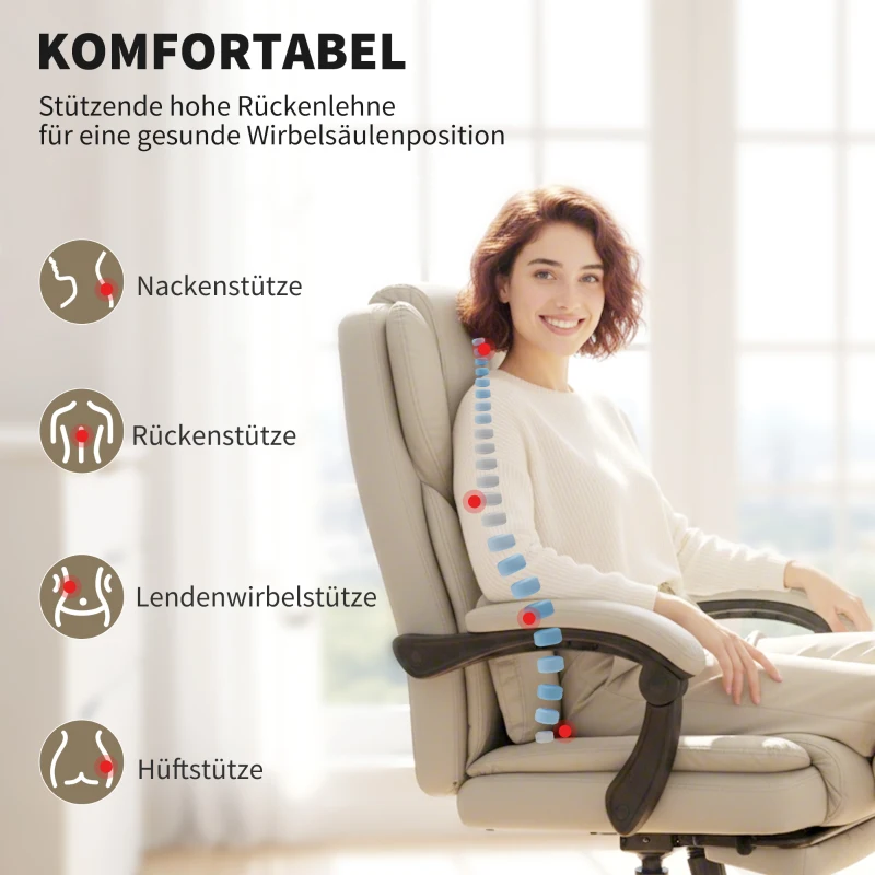 HOMCOM Bürostuhl mit tierfreundlichem Kunstleder-Bezug, Fußstütze, höhenverstellbar, rollbar, Beige