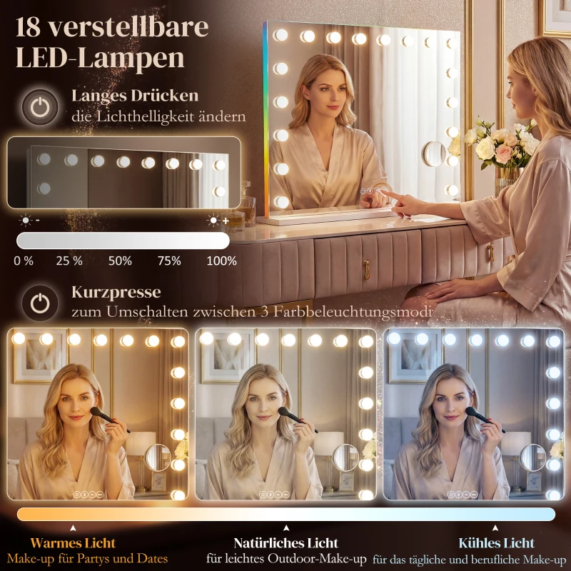 HOMCOM Hollywood Schminkspiegel mit 18 dimmbaren LED-Lampen, 3 Farben, RGB-Licht, Bluetooth-Lautsprecher, 10x Vergrößerung Weiß