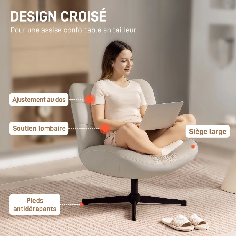 HOMCOM Fauteuil de salon pivotant, chaise rembourrée en chenille sans accoudoirs, assise et dossier larges, 70x80x82cm, crème