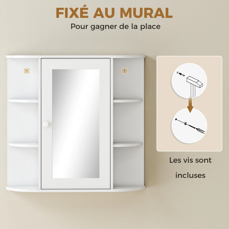 HOMCOM Armoire Murale avec Miroir Salle de Bain Meuble Miroir avec Rangement Toilettes 1 Porte + étagères latérales Blanc
