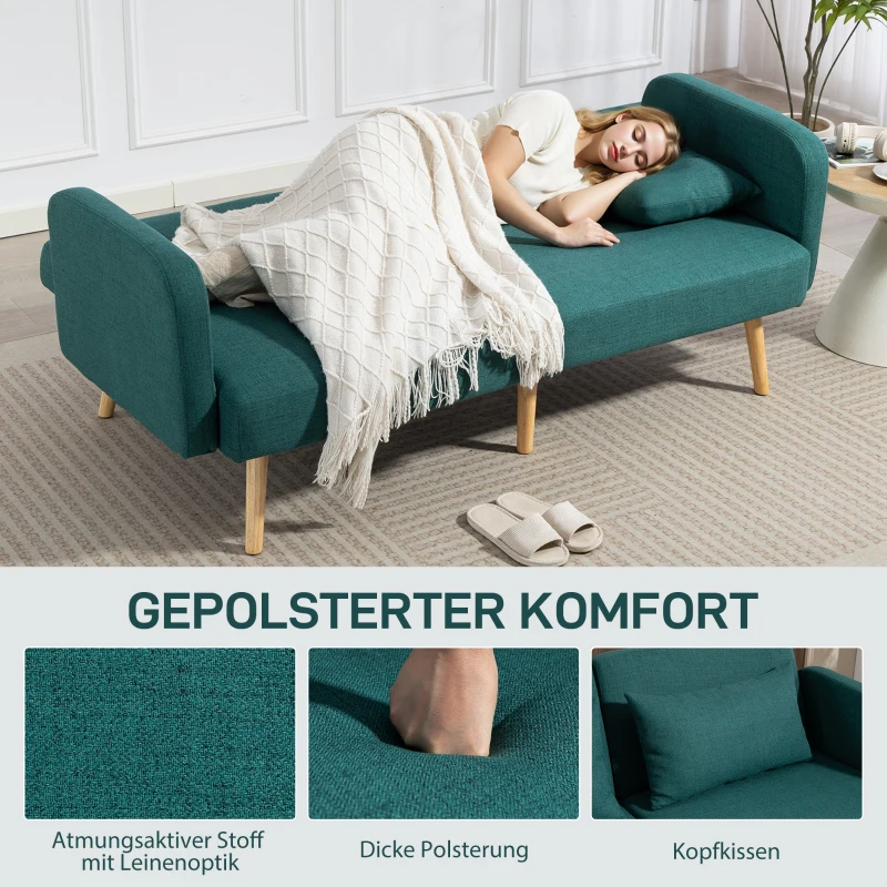 HOMCOM Schlafsofa, 3-Sitzer-Sofa mit Bettfunktion, 2 Kissen, Polstersofa mit verstellbarer Rückenlehne, Leinenoptik, Grün