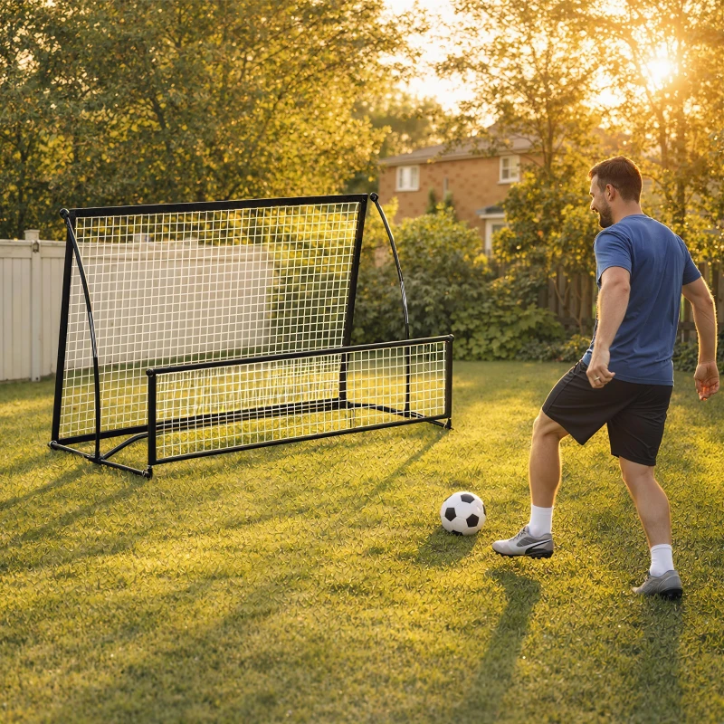 SPORTNOW Filet de Rebond de Football Portable 2-en-1, Double Face, avec Sac de Transport et Piquets de Sol, 200x94x122/52cm, Noir