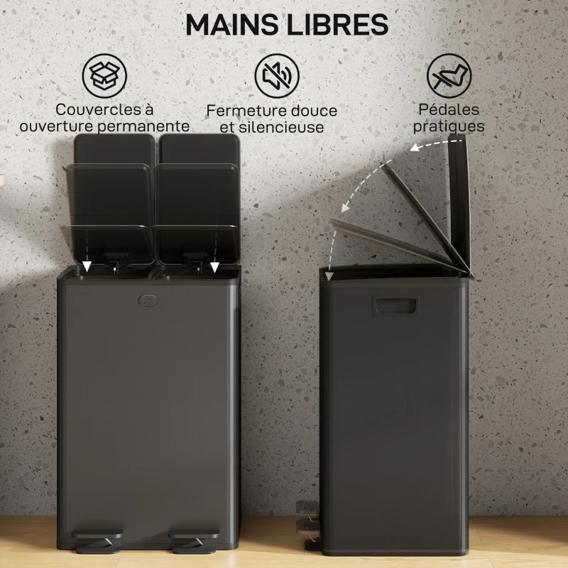 HOMCOM Poubelle de cuisine 2 compartiments de 2 x 28L, acier inoxydable, couvercle à fermeture douce, 45,8x36x67,6cm, noir