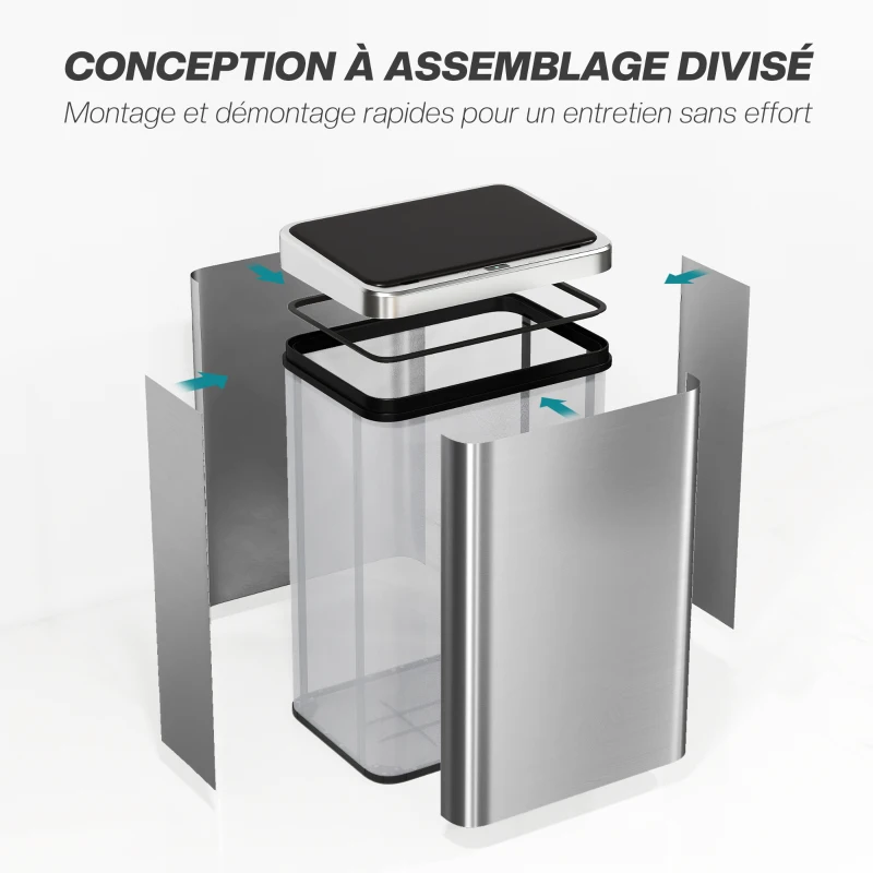 HOMCOM Poubelle à Capteur de 40L, Couvercle à Fermeture en Douceur, Poubelle de Cuisine Automatique Acier Inoxydable, Argenté