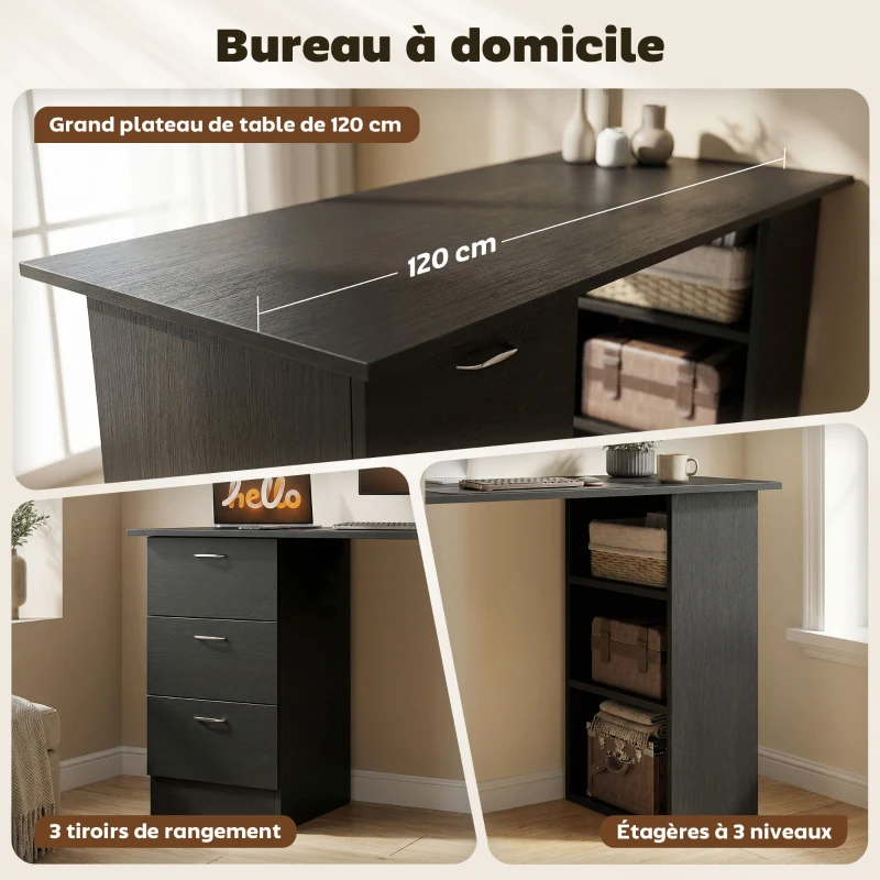 HOMCOM Bureau d'ordinateur avec 3 tiroirs et 3 étagères ouvertes, 120x49x72cm, bureau avec rangement réversible, style moderne, table informatique pour chambre, petit espace, télétravail, noir