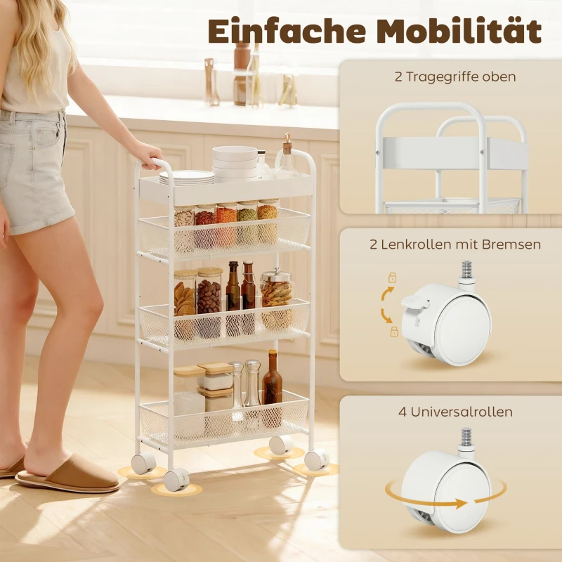 HOMCOM Küchenwagen aus Metall, 3 Körbe, schmales Design, 4 Räder, für Küche, Wohnzimmer, Badezimmer, Weiß