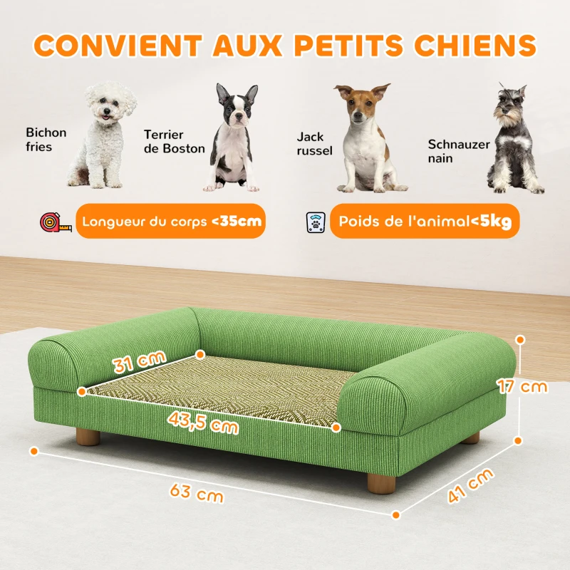 PawHut Canapé pour chien chat lit pour chien surélevé, assise de tapis frais, accoudoirs, en velours doux 63 x 41 x 17 cm, vert