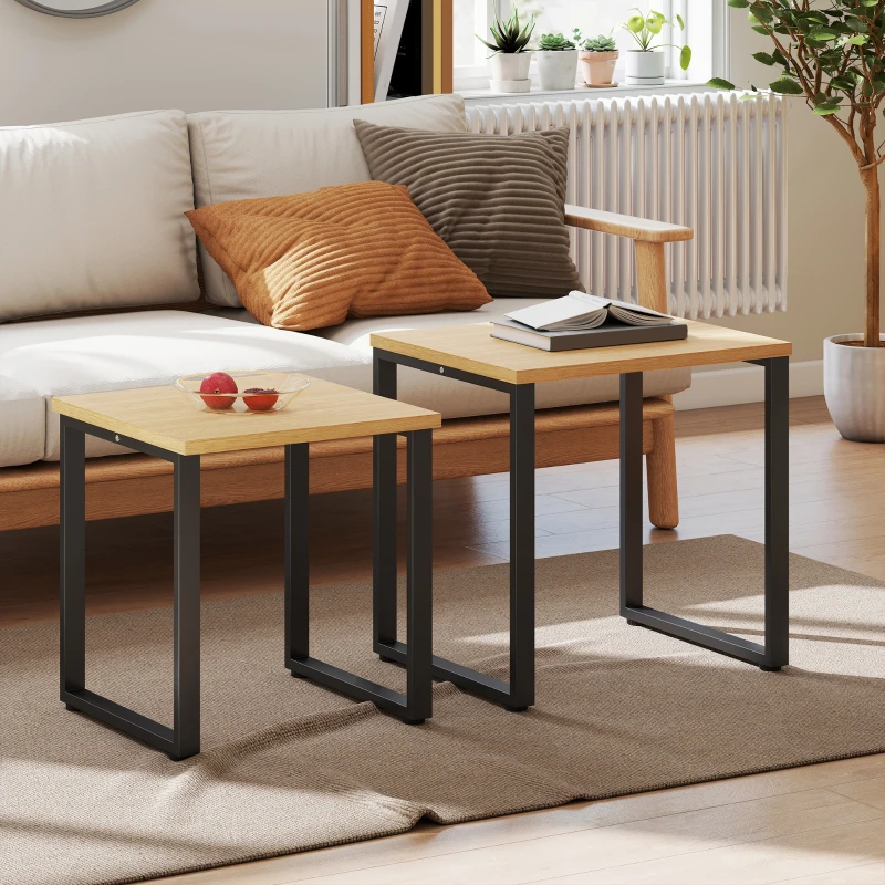 HOMCOM Couchtisch 2er Set Wohnzimmertisch mit Metallrahmen für Wohnzimmer Natur