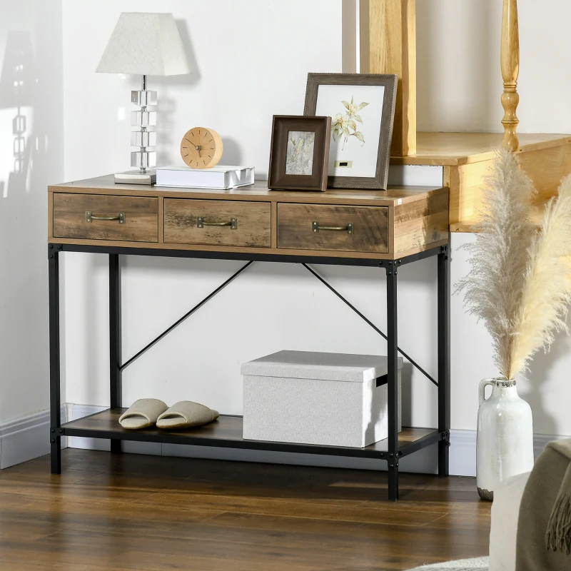 HOMCOM Table console table d'appoint d'entrée industriel 3 tiroirs 1 plateau aspect bois 100 x 35 x 76,5 cm marron clair noir