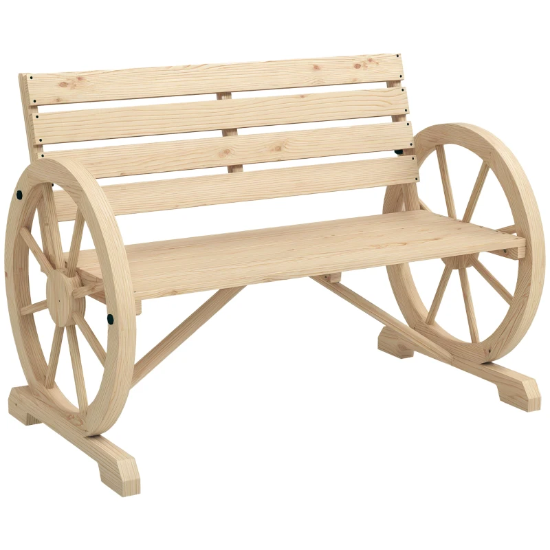 Outsunny Banc de Jardin banc 3 places en bois Style Rustique Chic accoudoirs Roues Charette Bois Sapin effet bois naturel