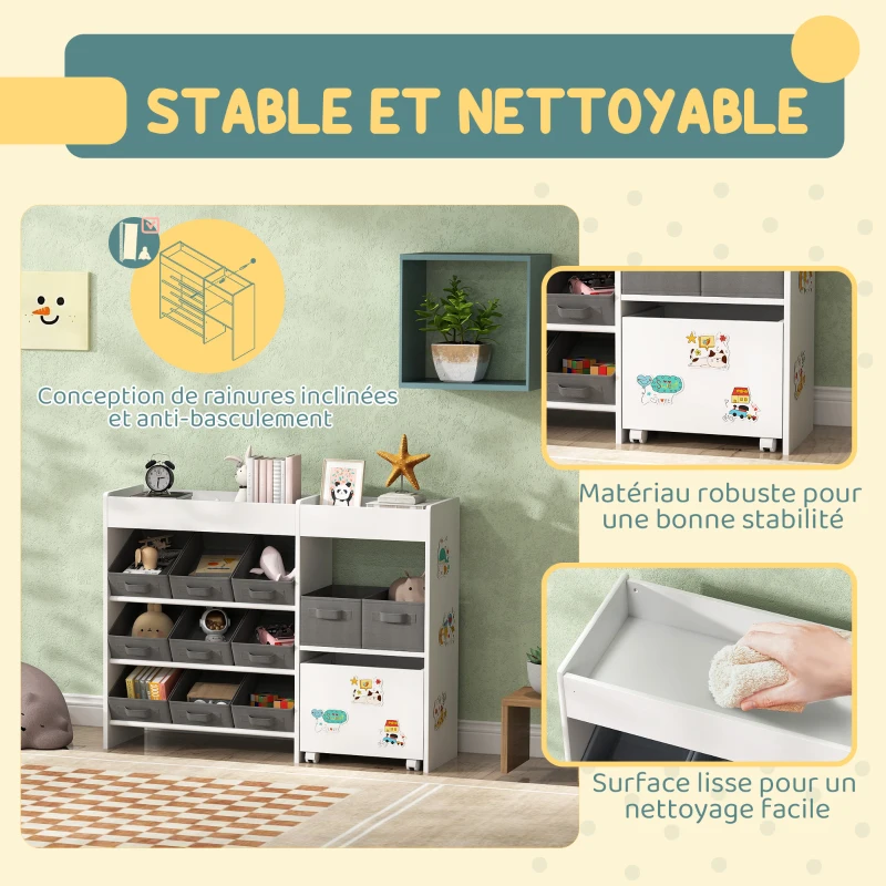 AIYAPLAY Étagère à jouets pour enfants étagère à livres 11 bacs de rangements en tissu non tissé 105 x 30 x 80 cm blanc