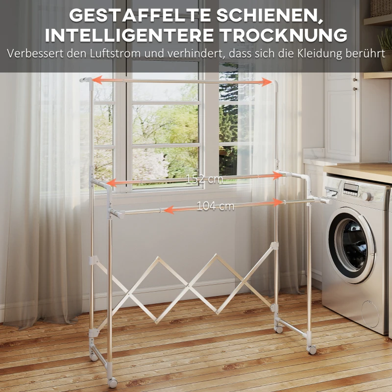 HOMCOM Wäscheständer, Faltbarer Standtrockner mit 3 verstellbaren Stangen, Edelstahl Turmwäscheständer auf Rollen, Wäscheturm Wäschetrockner für Innen und Außen